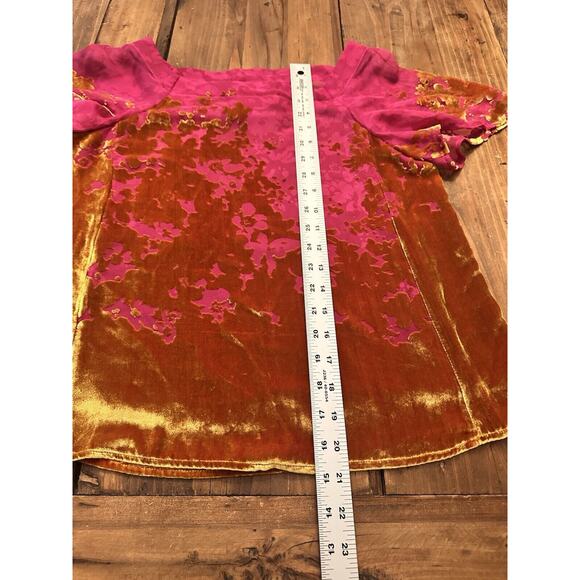 Anthropologie Maeve Ombre Shimmer Tee Top Blouse XS Floral Pink Gold Silk Blend - Picture 7 of 13